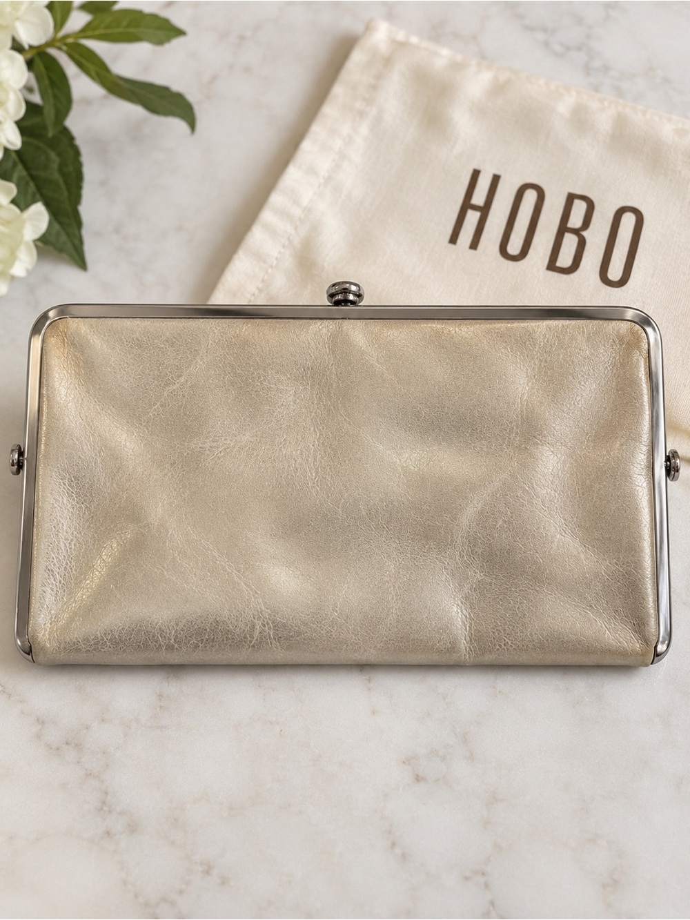 HOBO International Lauren Metallic Leather Double Frame Clutch Wallet Vintage